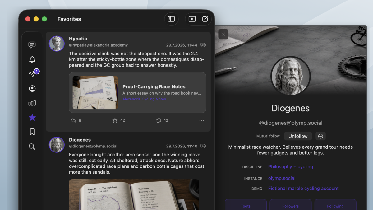 Maxtodon profile drawer with marble cycling header and account details.