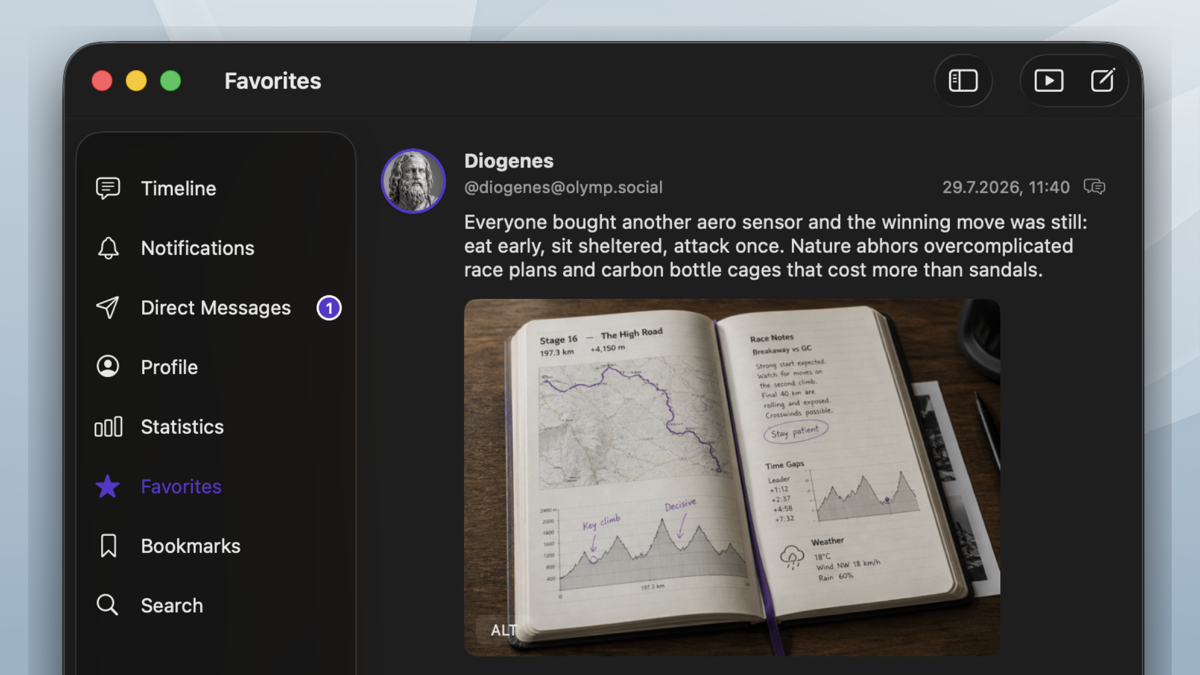Maxtodon native macOS window with traffic lights, sidebar, and toolbar.