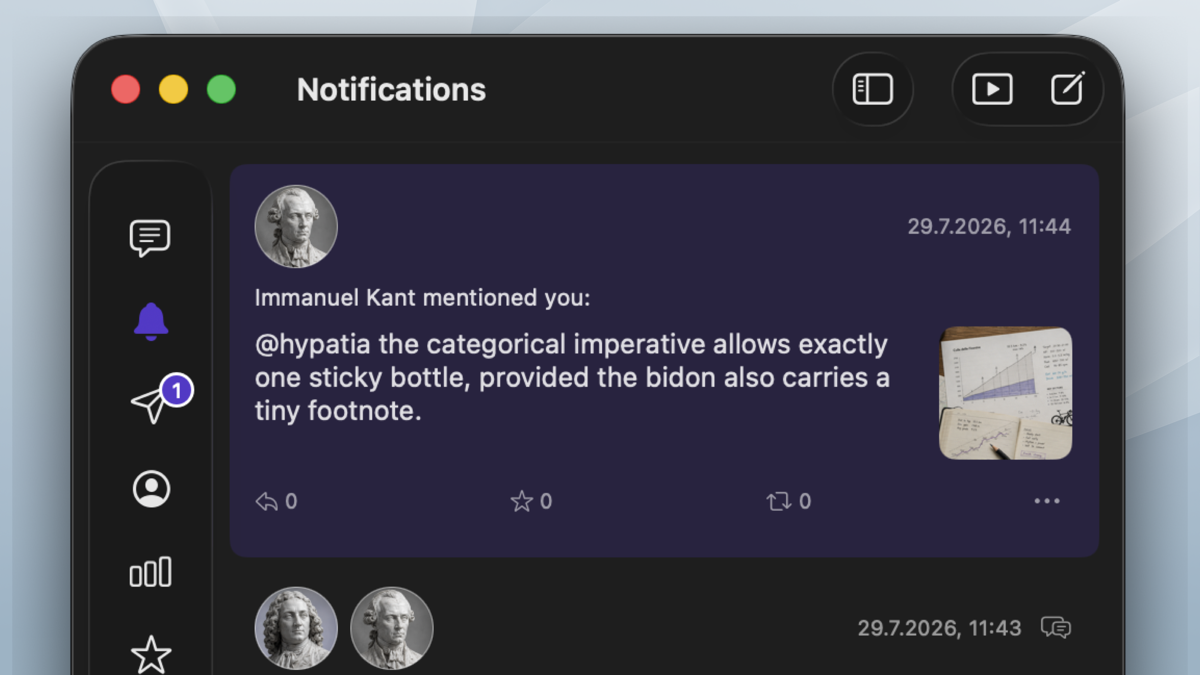 Maxtodon notifications timeline with mentions and interactions.