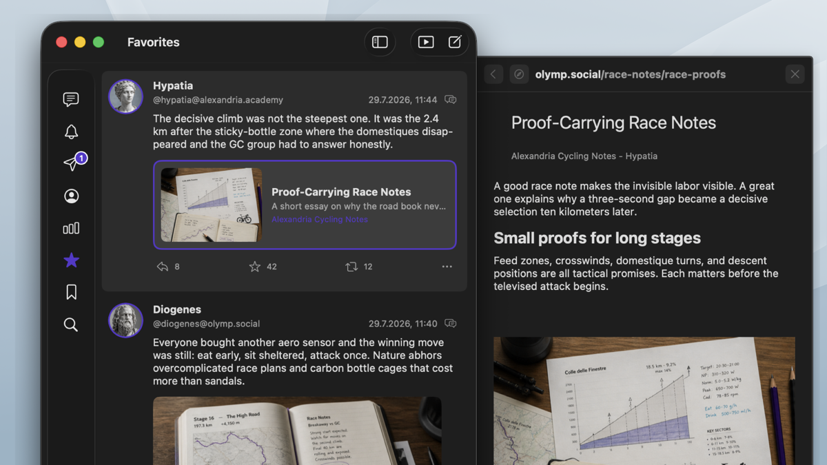 Maxtodon reader drawer displaying a focused article from a timeline link.