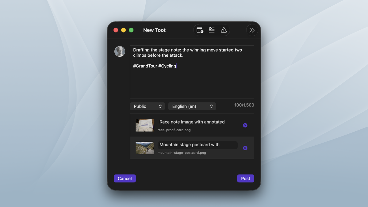 Maxtodon compose window for sharing a post into Mastodon.