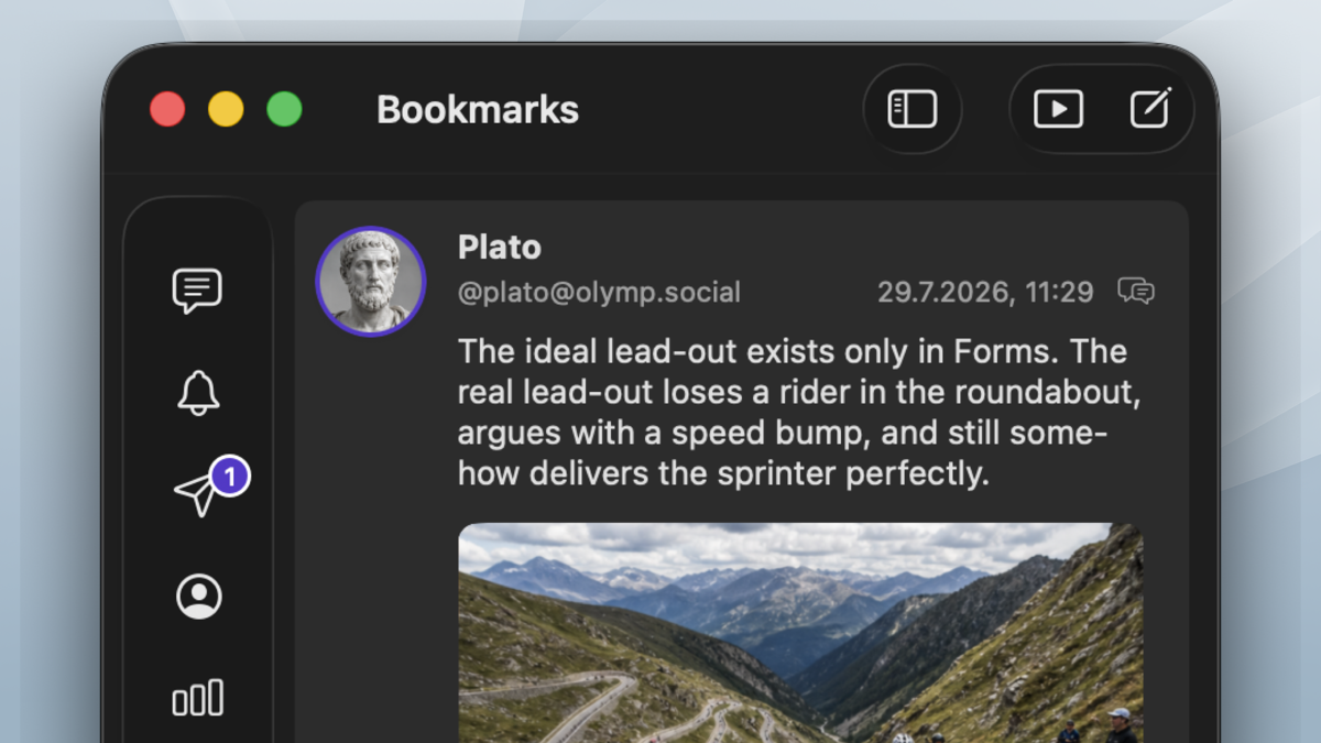Maxtodon list timeline in a focused native window.