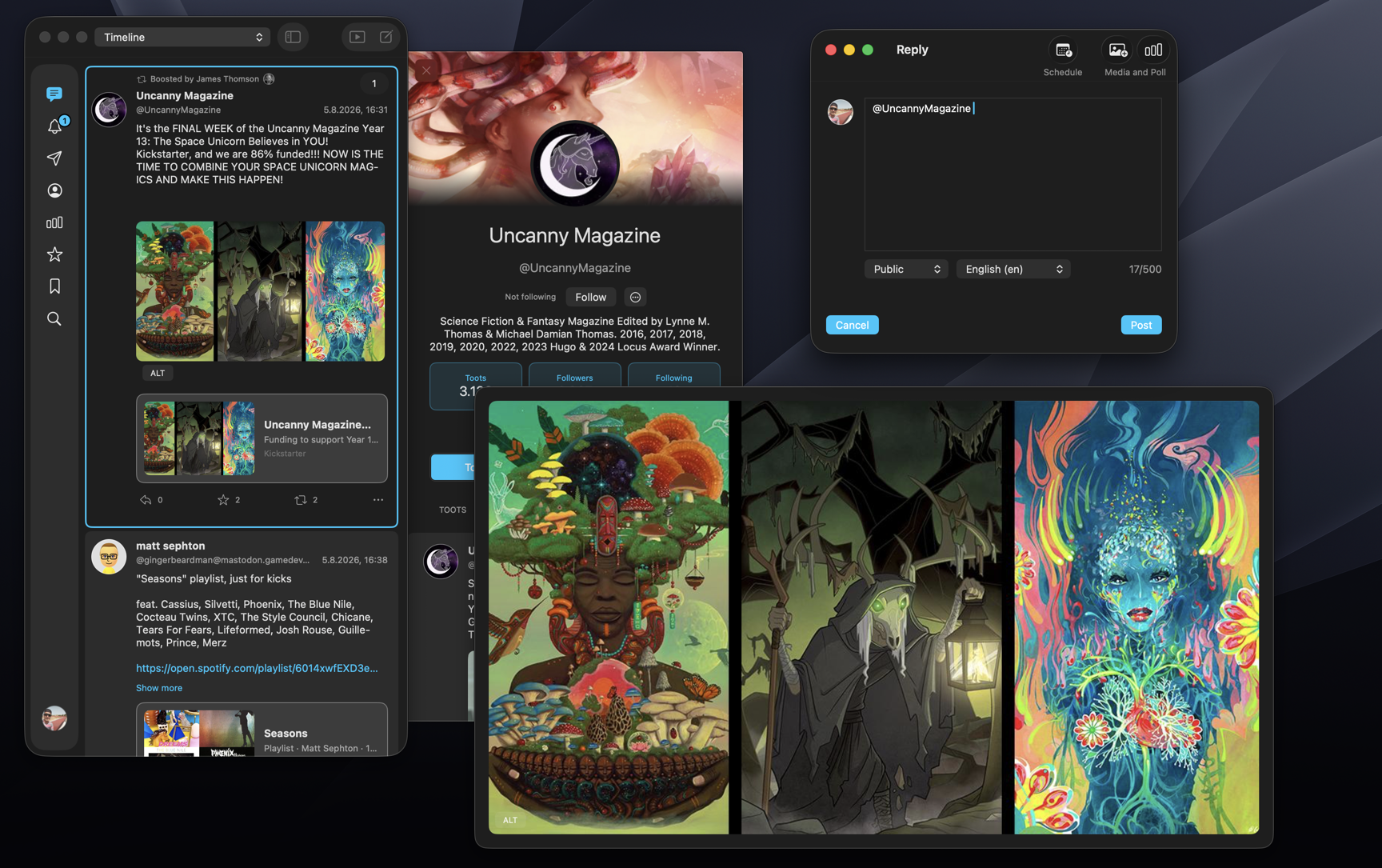 Maxtodon showing a Mastodon timeline, profile drawer, reply window, and timeline media viewer.
